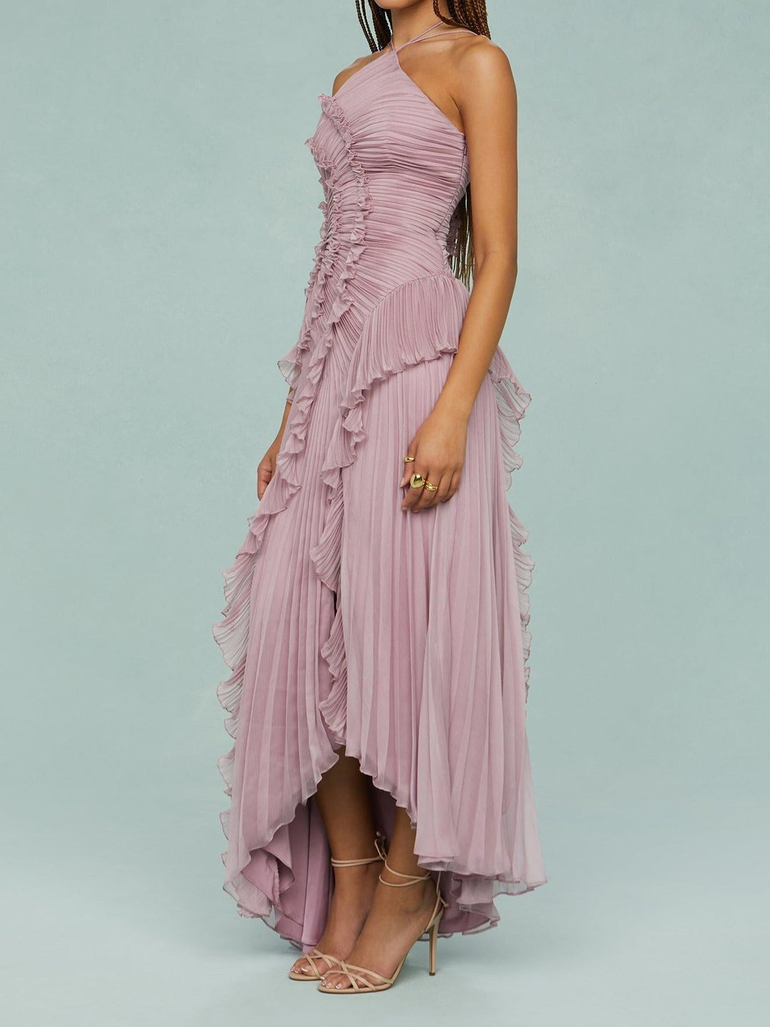 Women's One-Shoulder Ruffled Pleated Maxi Dress | Asymmetric Hem