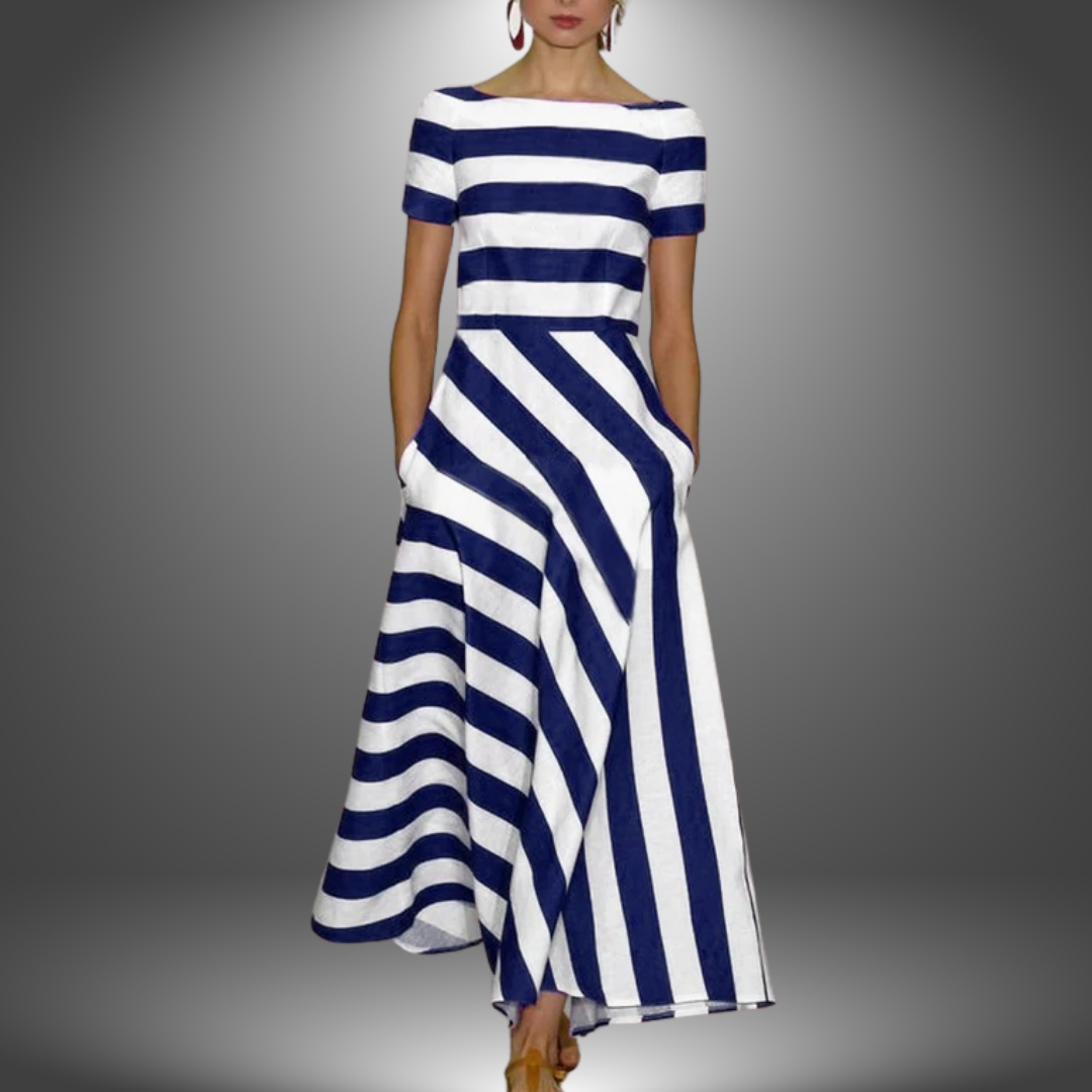Women's Striped Dress with Short Sleeves and Side Pockets | Maxi