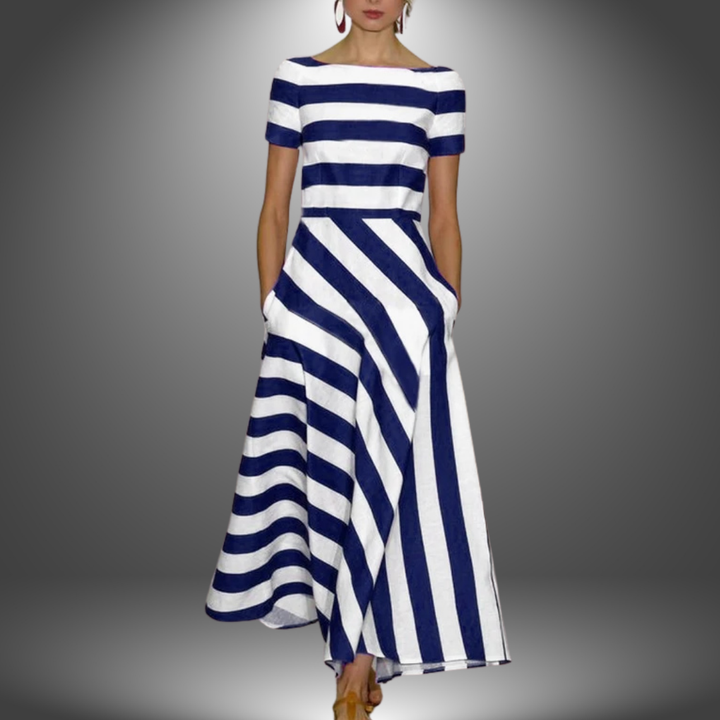 Women's Striped Dress with Short Sleeves and Side Pockets | Maxi