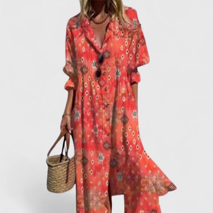 Fiora | Damska Sukienka Midi Boho we Wzory o Luźnym Kroju z Dekoltem V