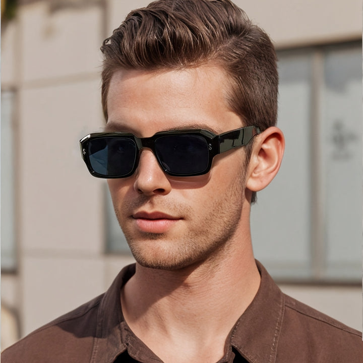 Men's Sunglasses Angular Rectangular Frame Distinctive Shape Wide Temples | Dark Lenses