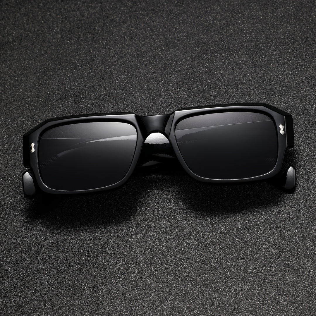 Men's Sunglasses Angular Rectangular Frame Distinctive Shape Wide Temples | Dark Lenses