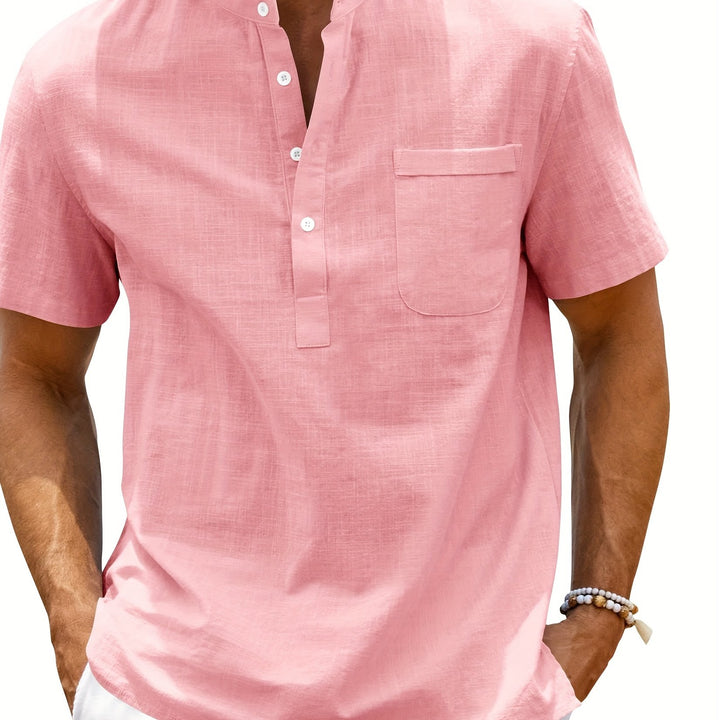 Men's Henley Shirt | Short Sleeve Relaxed Fit Shirt | Stand Collar | Summer Casual Style