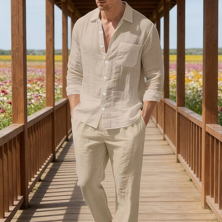 Men's Set Long Sleeve Button Shirt and Straight Leg Pants Set | Drawstring