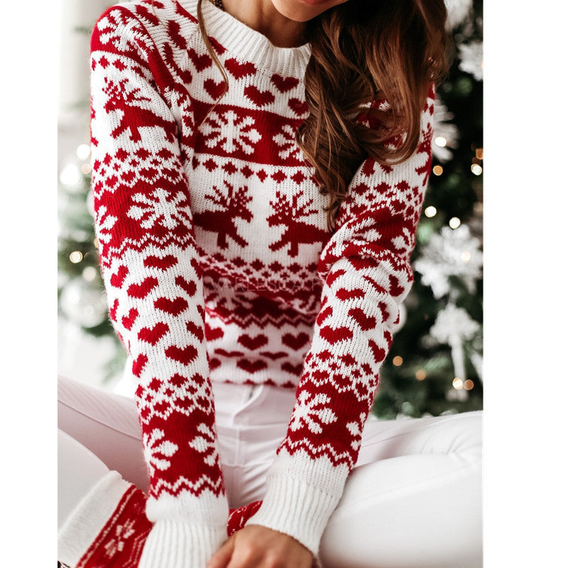 Damski sweter świąteczny z reniferem i płatkami śniegu