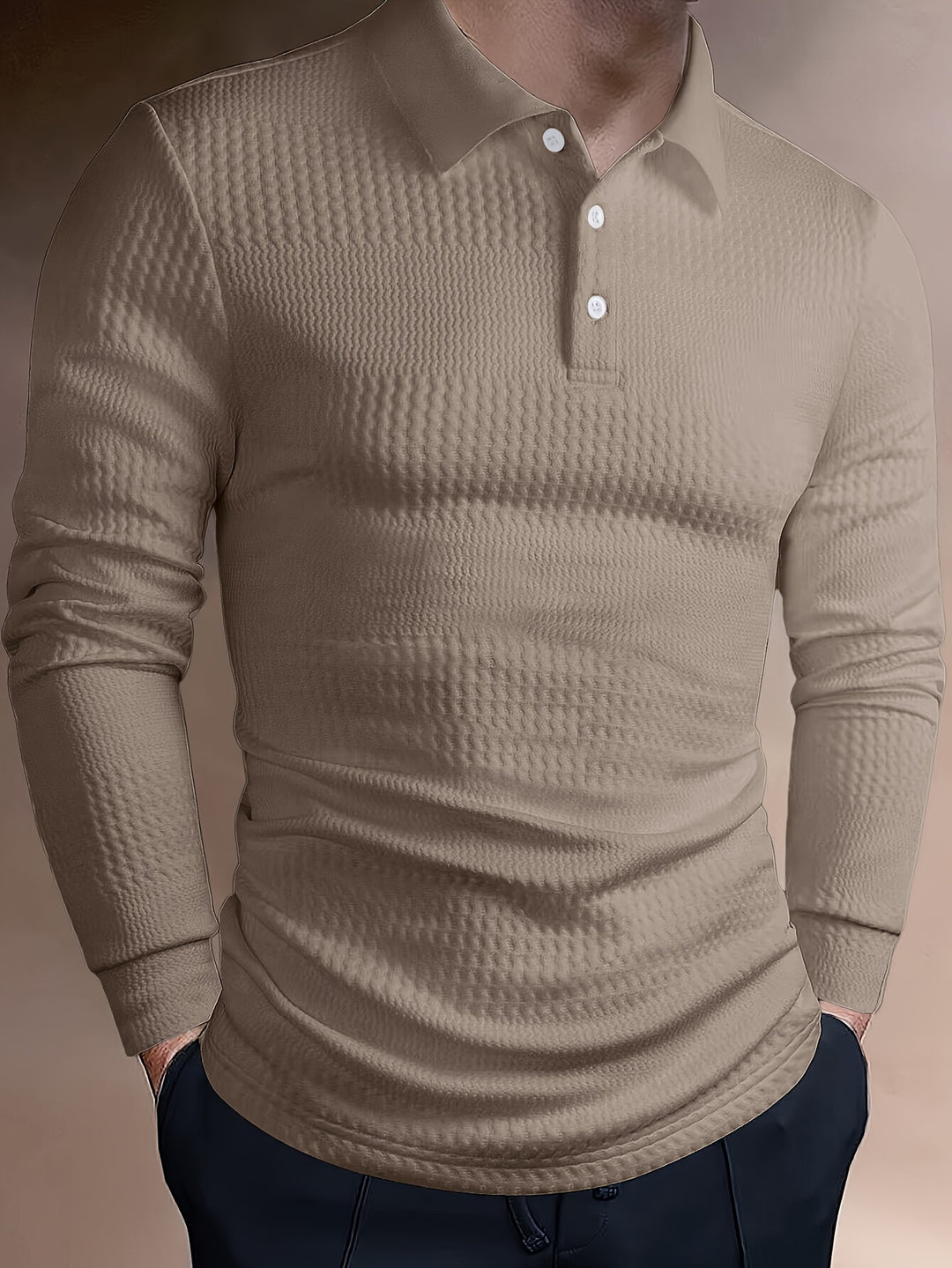 Men's Long Sleeve Polo | Slim Fit Shirt | Textured Finish | Smart Casual Style