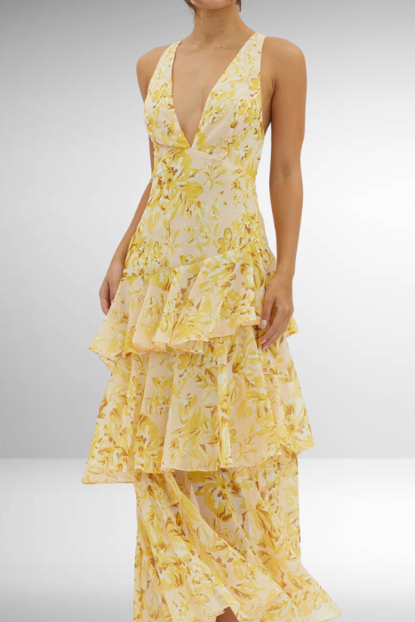 Women's Maxi Dress with Floral Pattern, Sleeveless, V-Neck, Layered Skirt | Vacation Style