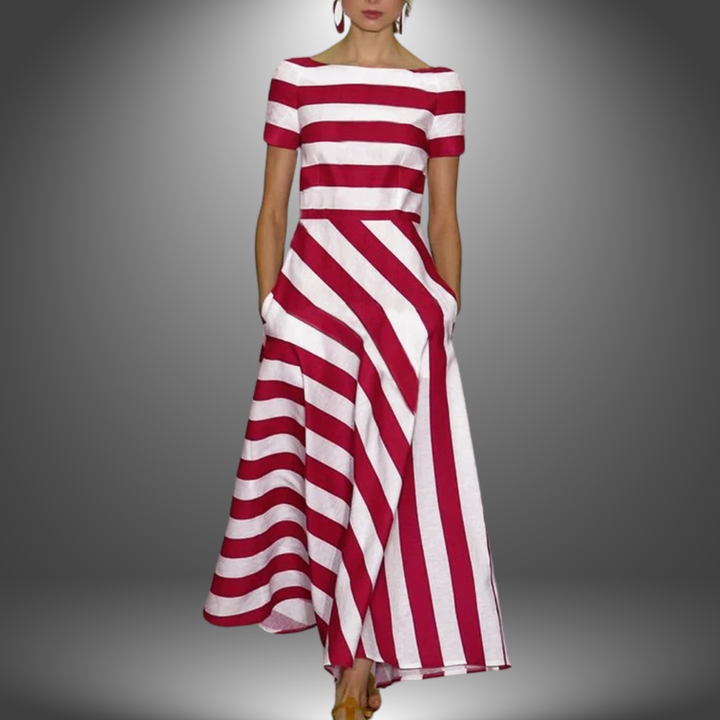 Women's Striped Dress with Short Sleeves and Side Pockets | Maxi