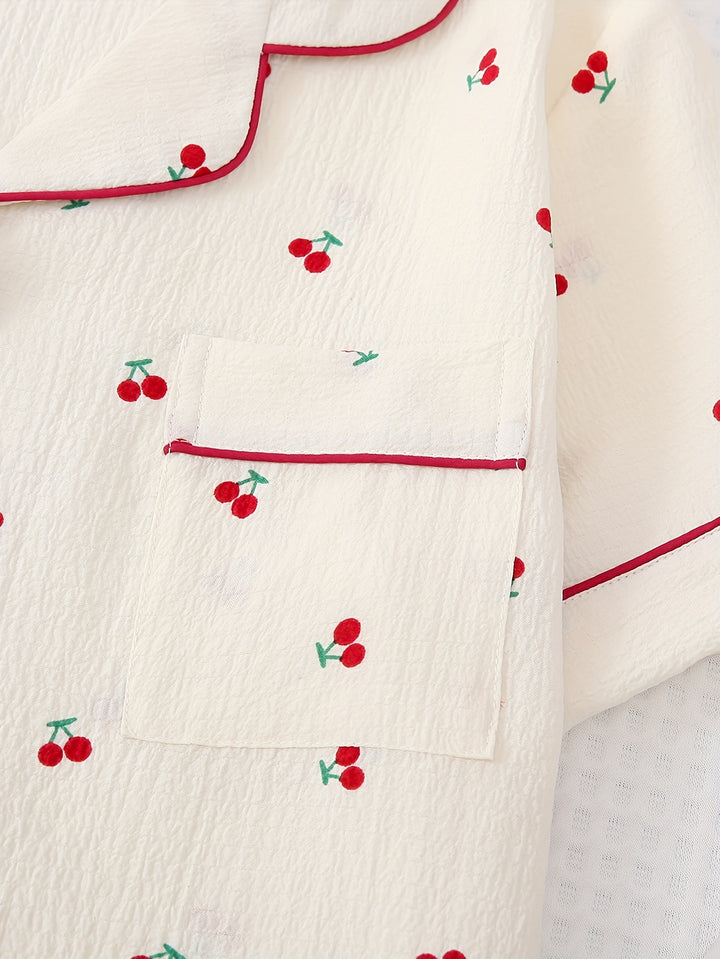 Women's Pajama Set in Cherry with Button-Up Shirt and Shorts | Nightwear