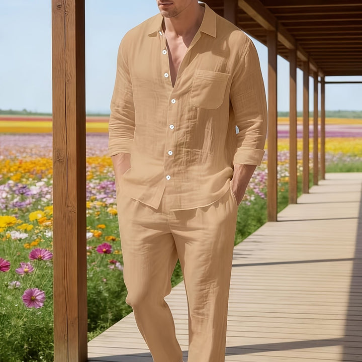 Men's Set Long Sleeve Button Shirt and Straight Leg Pants Set | Drawstring