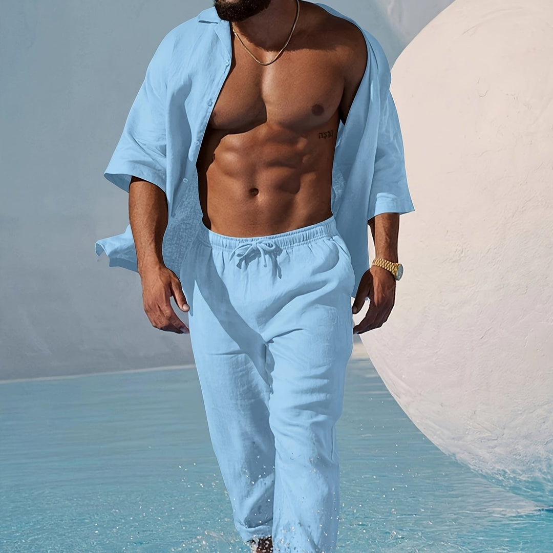 Men's Summer Beach Set Shirt with Buttons and Drawstring Waist Pants Set | Vacation Style