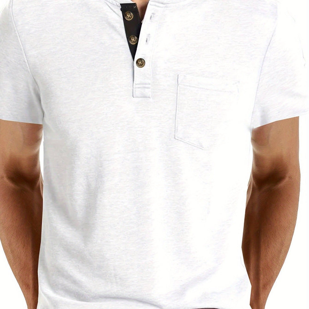 Męska Koszulka Henley | Koszulka Regular Fit z Krótkim Rękawem | Guziki i Kieszeń Na Piersi | Casualowy Styl Letni