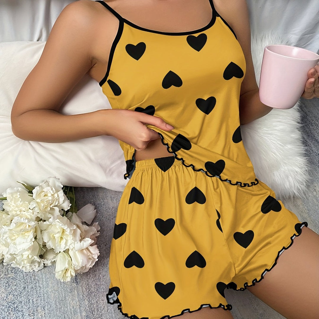Women's Pajama Set with Straps and Heart Pattern with Ruffled Hem | Nightwear