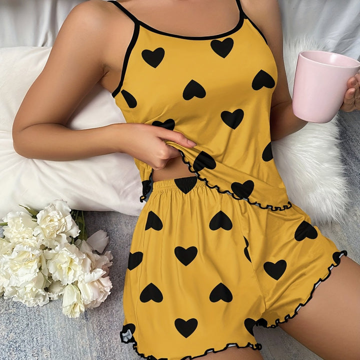 Women's Pajama Set with Straps and Heart Pattern with Ruffled Hem | Nightwear