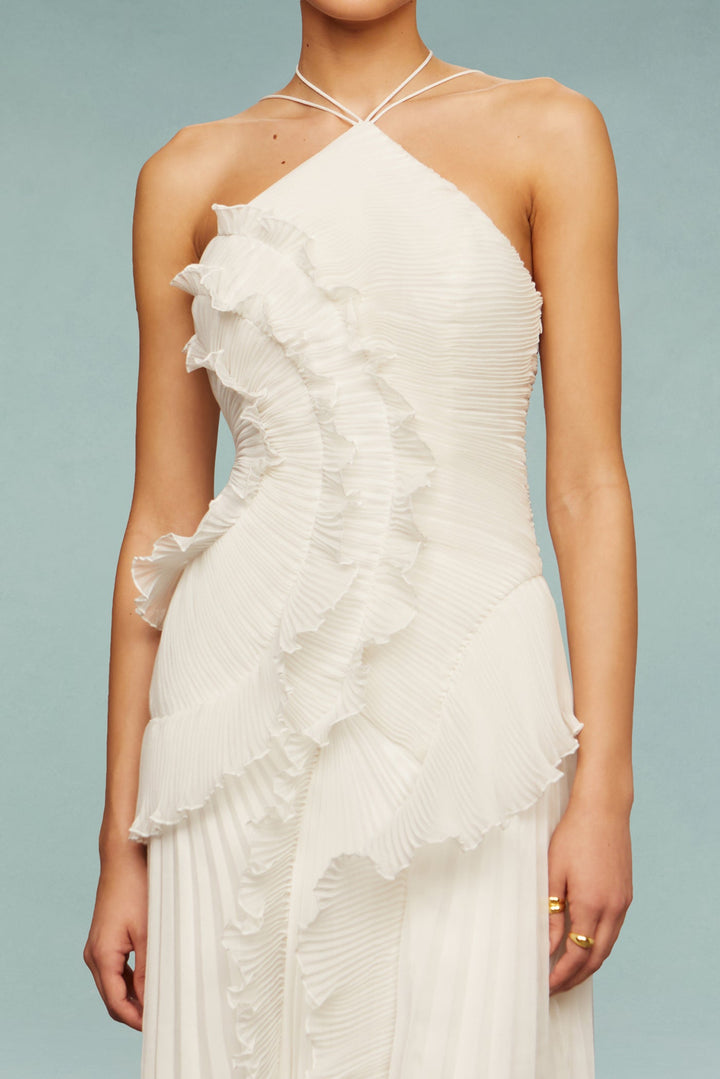 Women's One-Shoulder Ruffled Pleated Maxi Dress | Asymmetric Hem