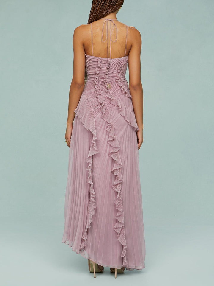 Women's One-Shoulder Ruffled Pleated Maxi Dress | Asymmetric Hem