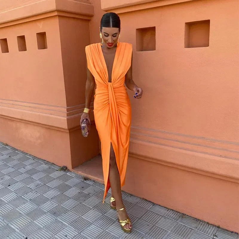 Women's Sleeveless Dress with Deep V-Neck, Ruching, and Front Slit | Midi