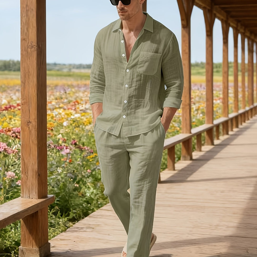 Men's Set Long Sleeve Button Shirt and Straight Leg Pants Set | Drawstring