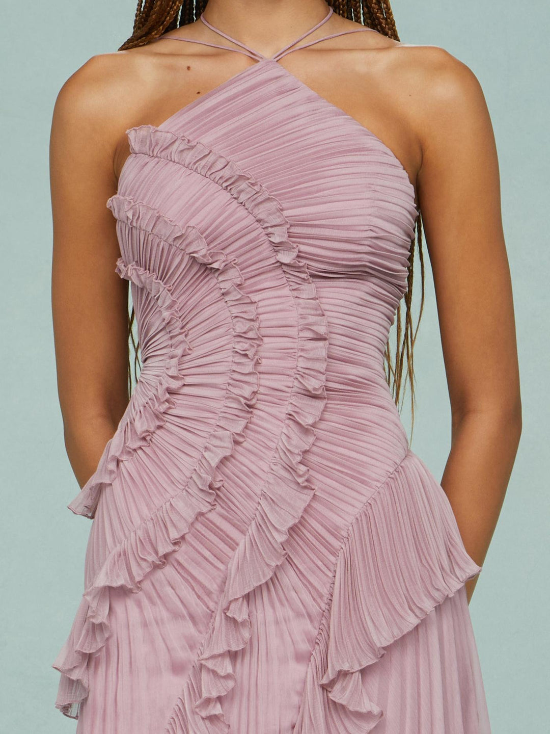 Women's One-Shoulder Ruffled Pleated Maxi Dress | Asymmetric Hem