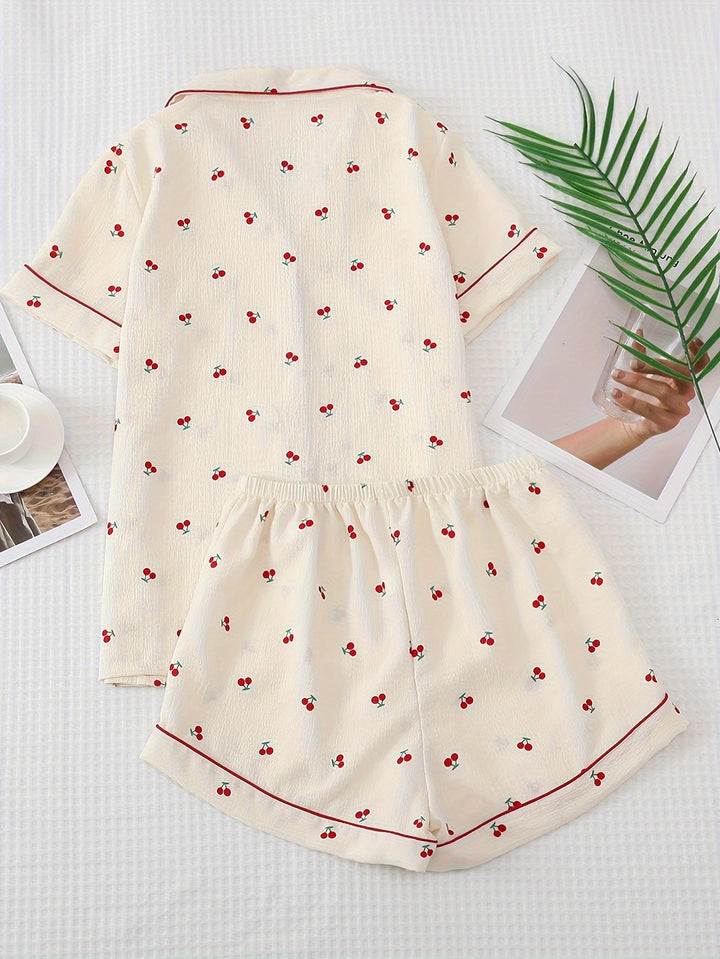 Women's Pajama Set in Cherry with Button-Up Shirt and Shorts | Nightwear
