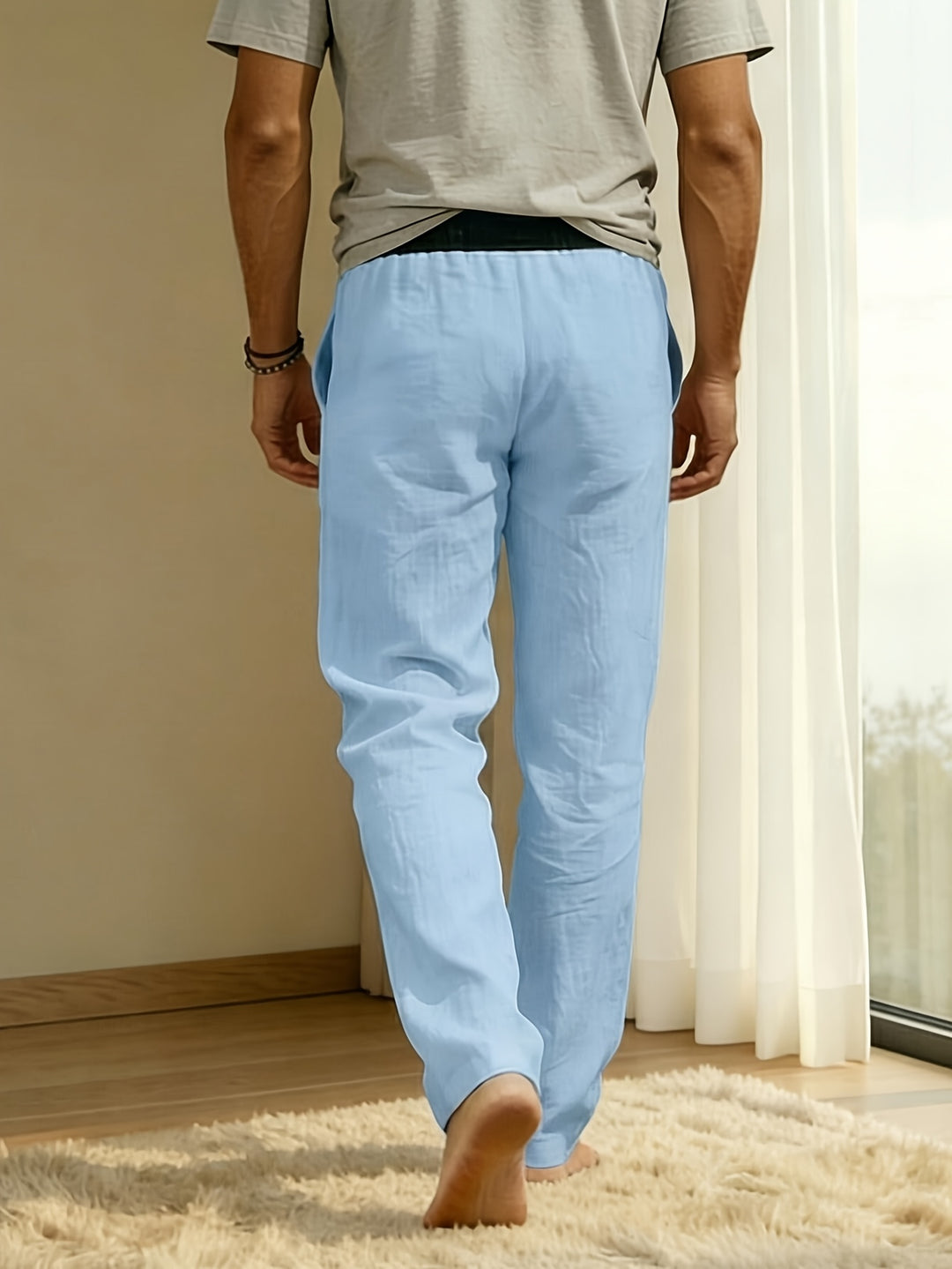 Męskie Spodnie Casual Prosta Nogawka Sznurek w Pasie Kieszenie Spodnie | Letni Styl