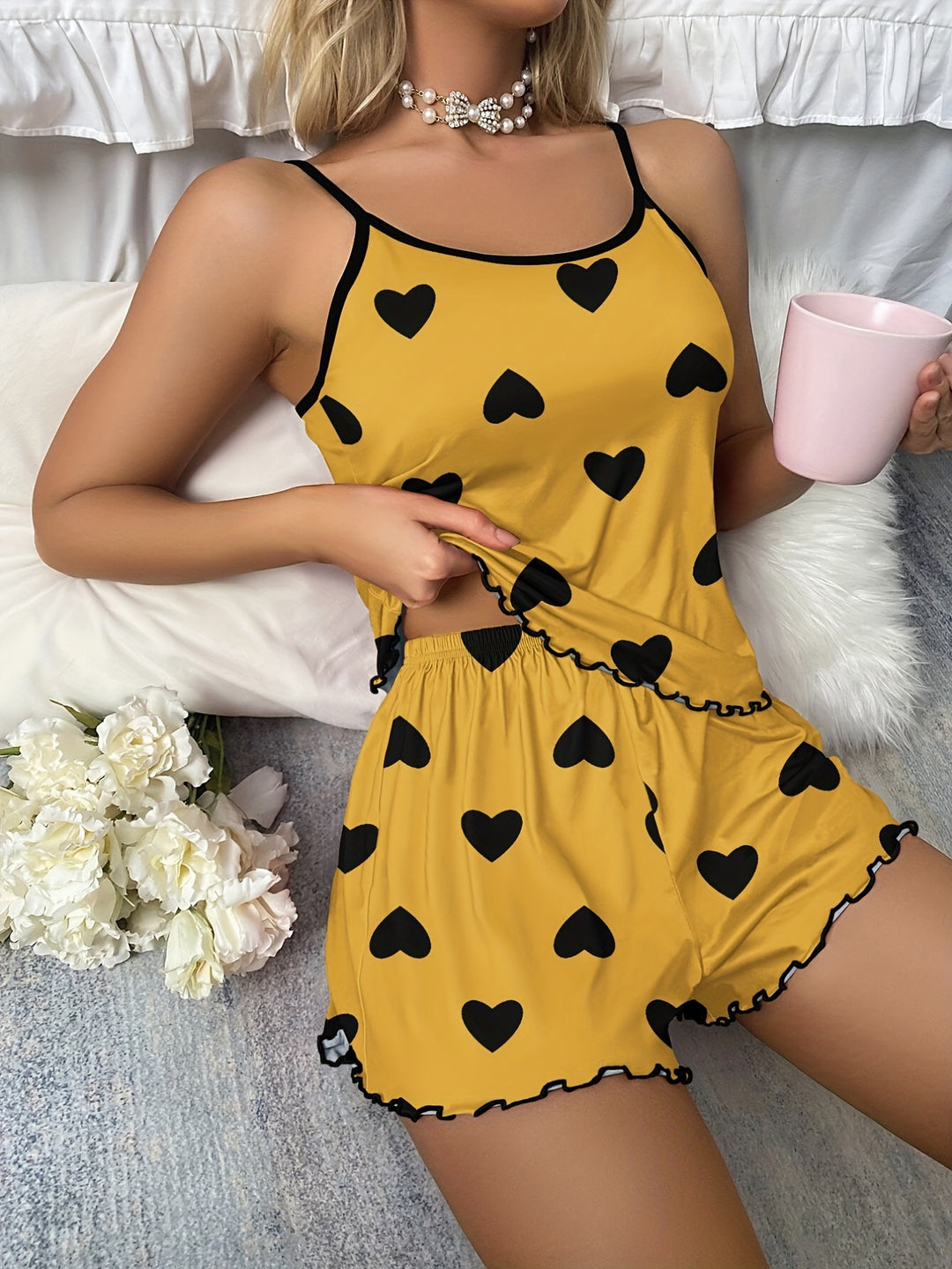Women's Pajama Set with Straps and Heart Pattern with Ruffled Hem | Nightwear
