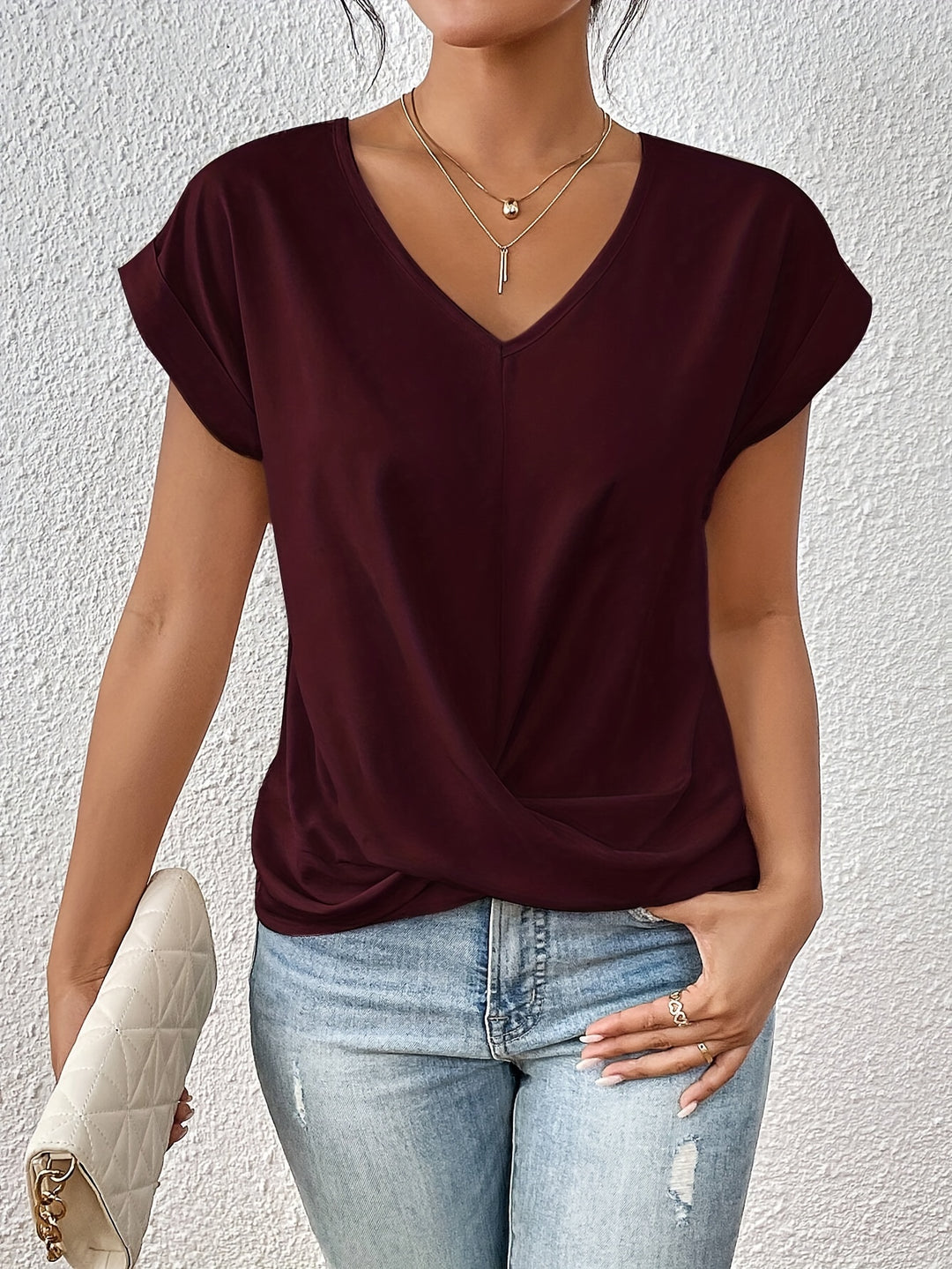 Damska Bluzka z Dekoltem V, Skręceniem z Przodu i Krótkimi Rękawkami | Casualowy Top