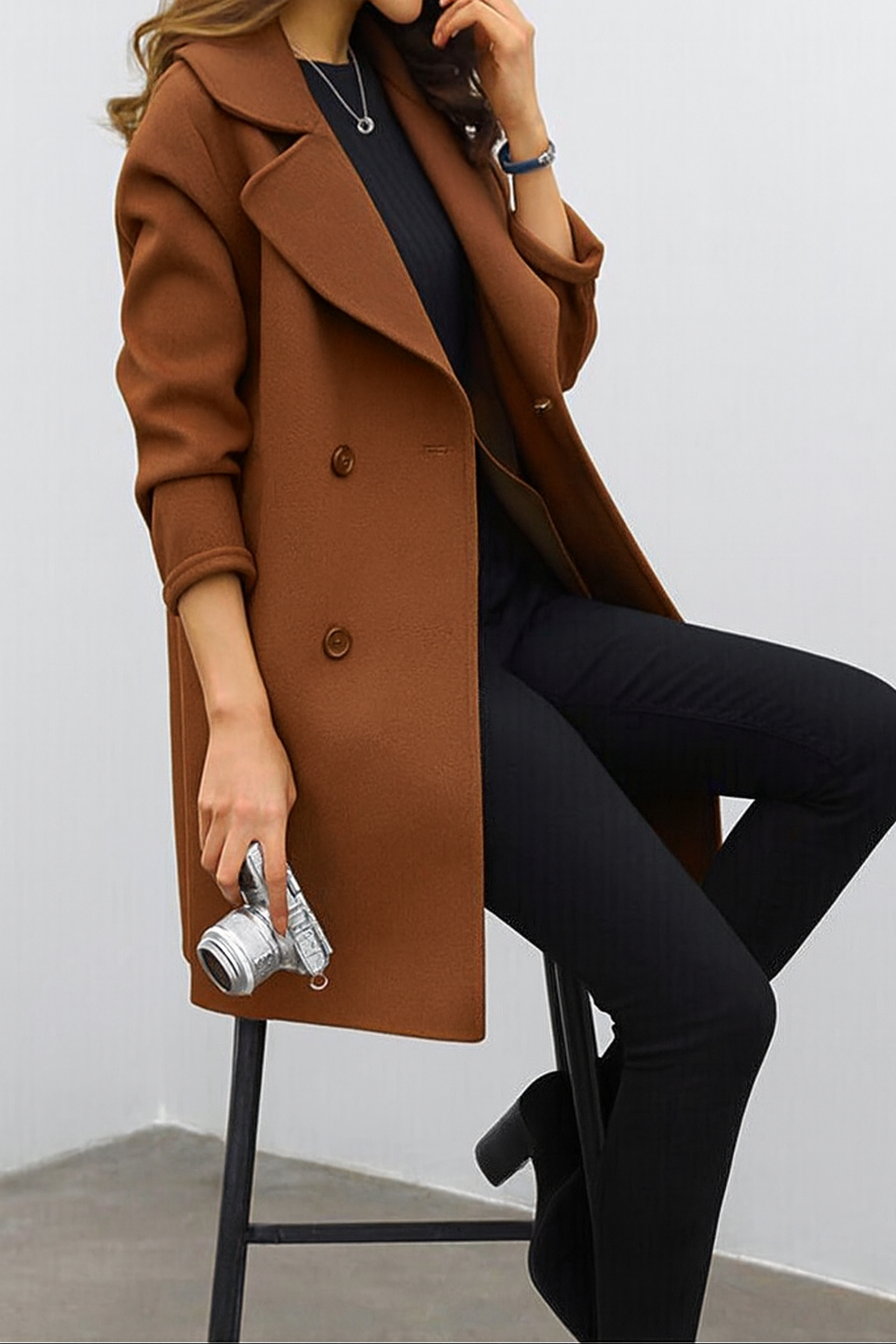 Women's Double-Breasted Coat with Long Sleeves | Midi Length