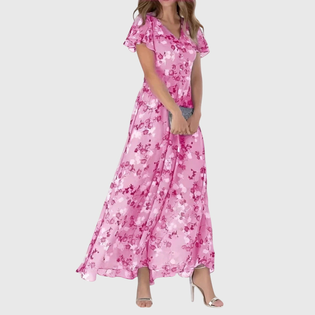 Flora | Damska Sukienka Maxi w Kwiaty z Dekoltem V