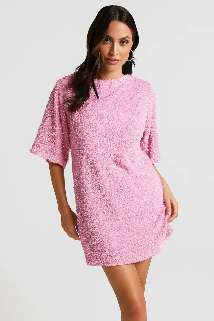 Women's Mini Dress | Oversized Dress with Sequin Effect | Wide Short Sleeves | Party Style