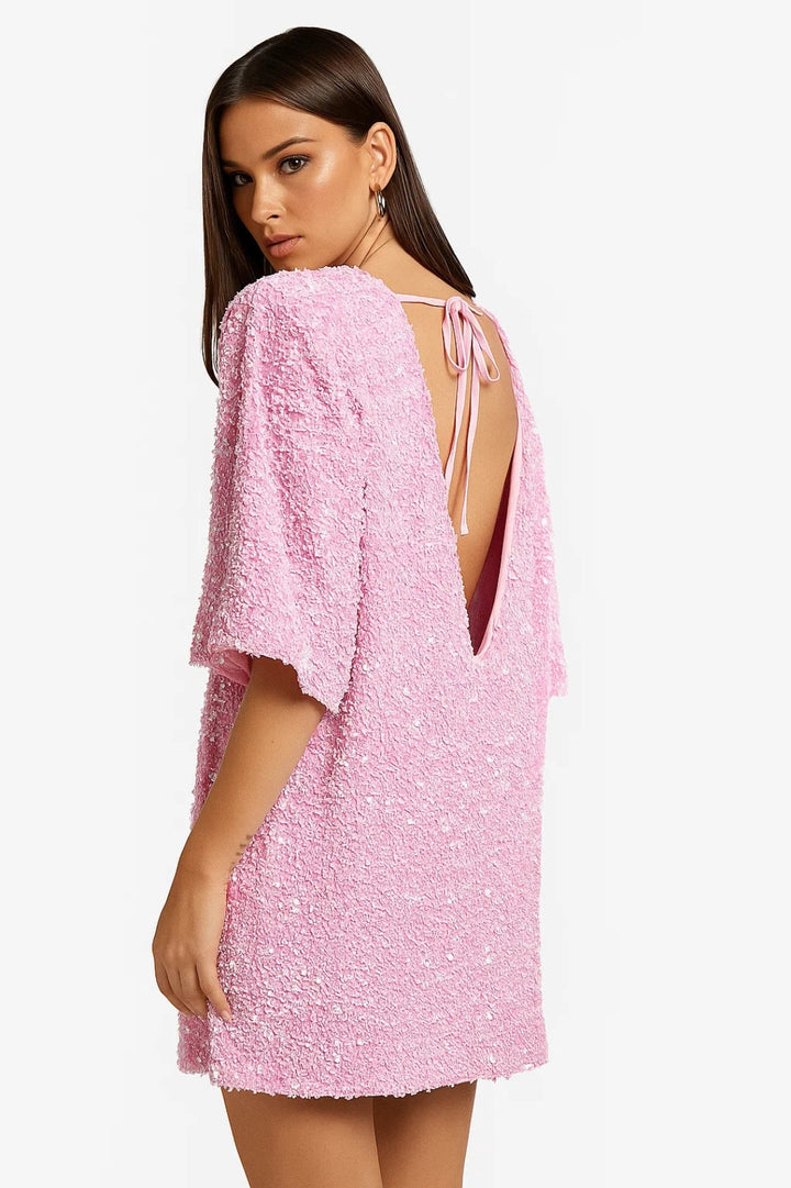 Women's Mini Dress | Oversized Dress with Sequin Effect | Wide Short Sleeves | Party Style
