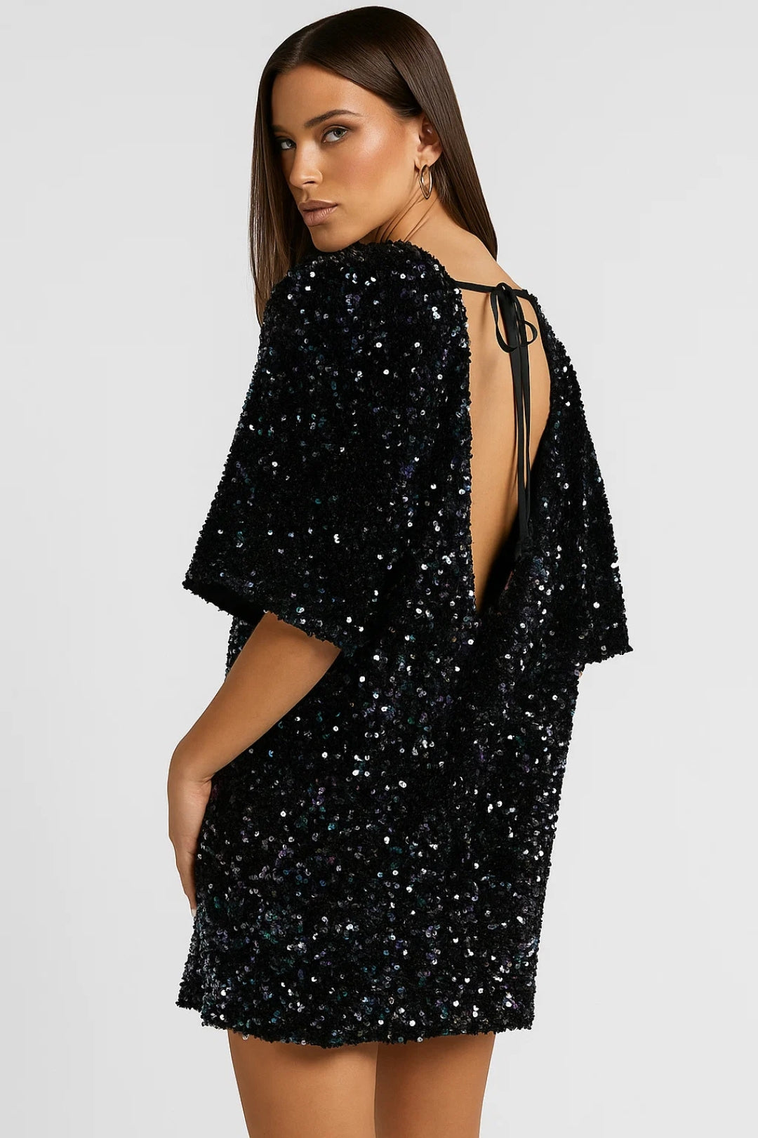 Women's Mini Dress | Oversized Dress with Sequin Effect | Wide Short Sleeves | Party Style