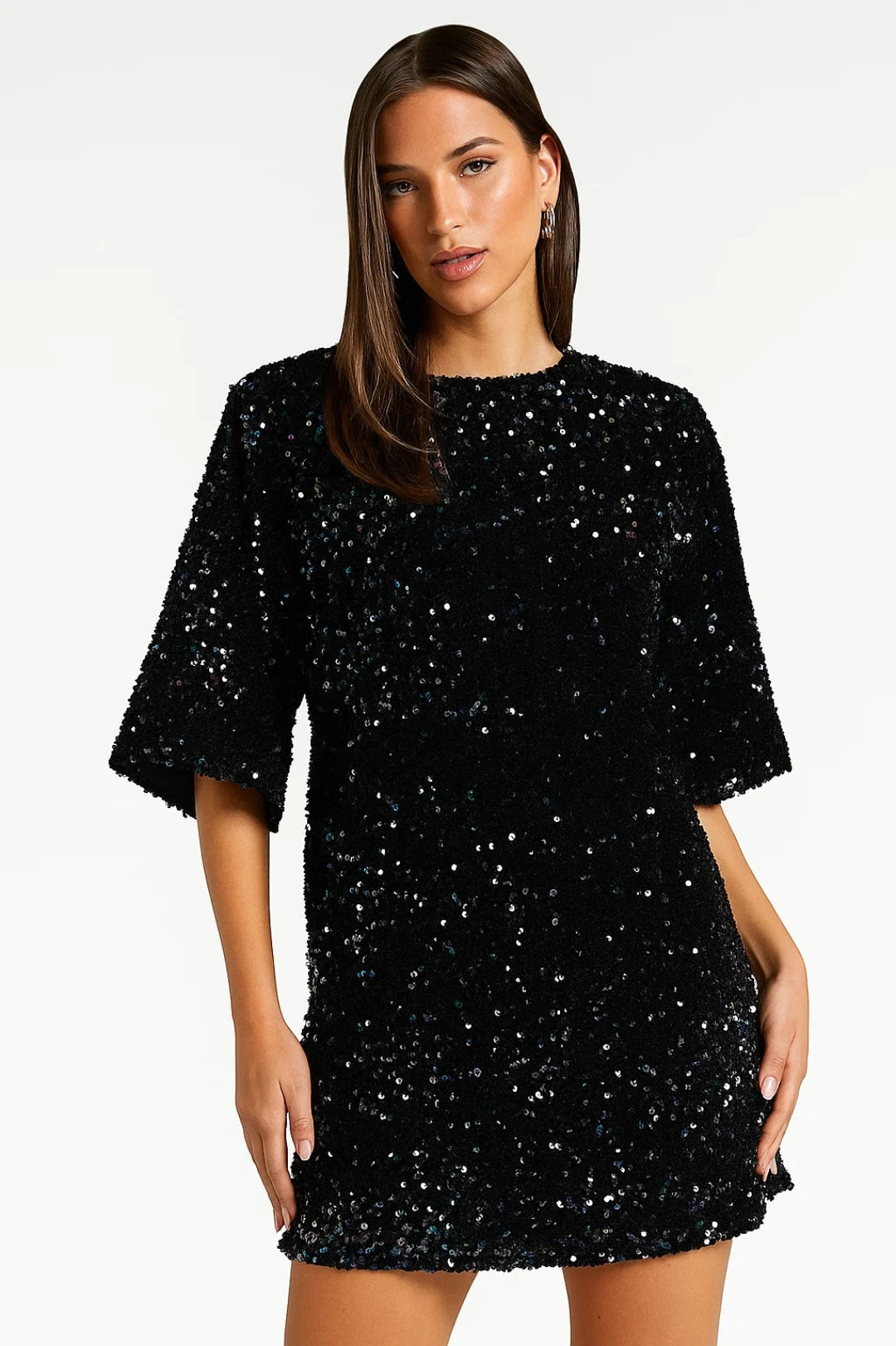 Women's Mini Dress | Oversized Dress with Sequin Effect | Wide Short Sleeves | Party Style