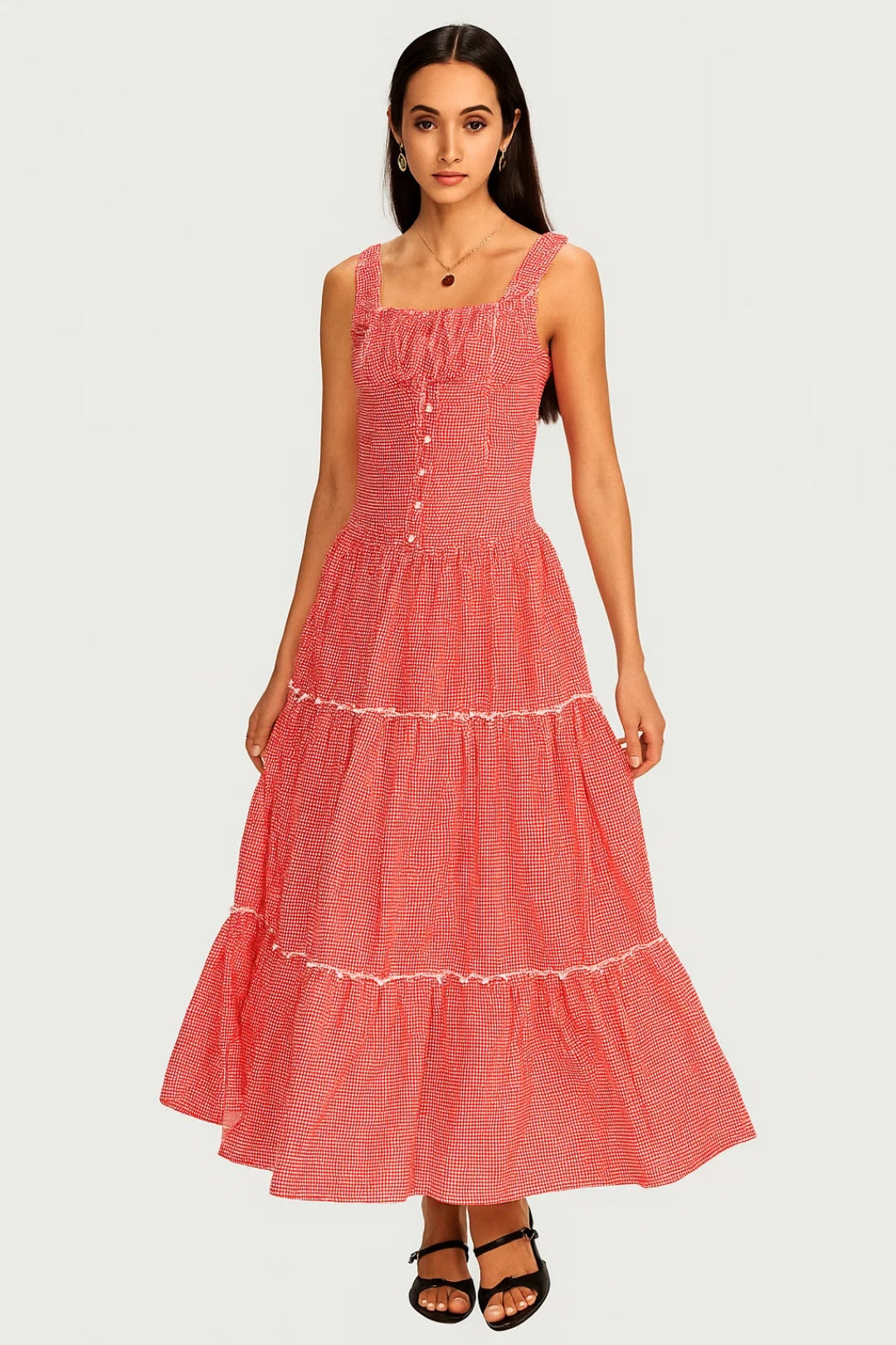 Women's Summer Dress | Sleeveless Midi Dress | Buttons and Layered Hem | Romantic Occasion Style