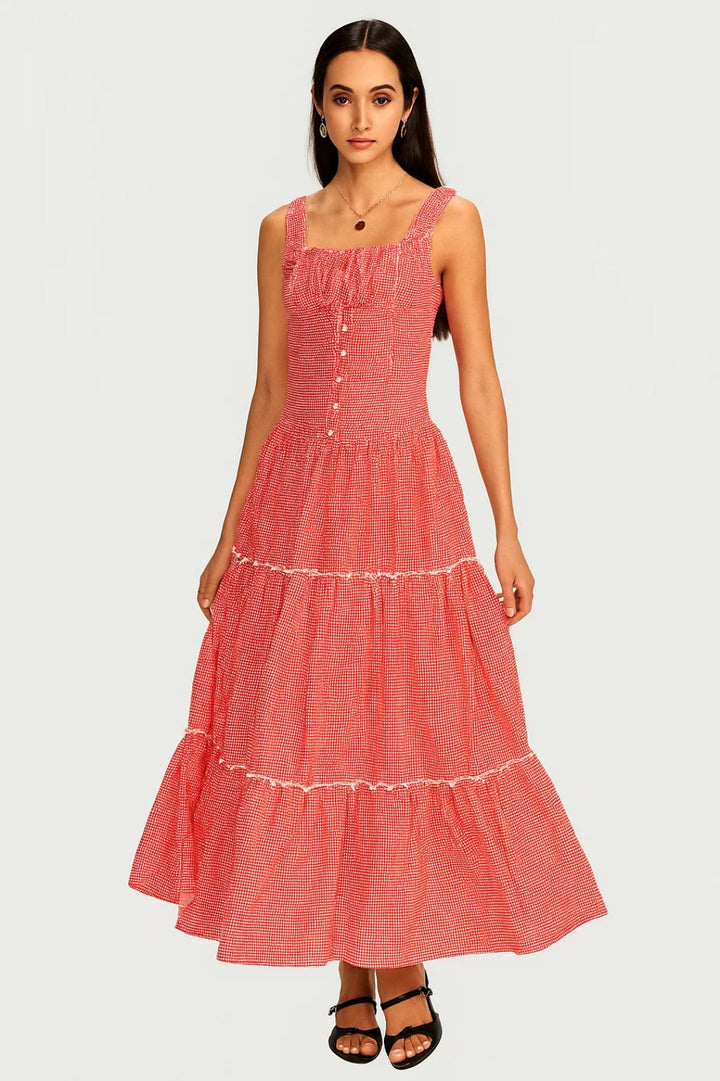 Women's Summer Dress | Sleeveless Midi Dress | Buttons and Layered Hem | Romantic Occasion Style