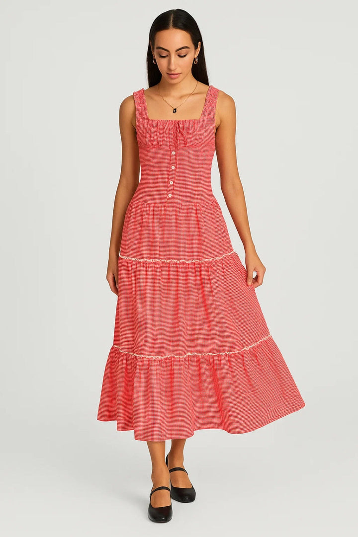 Women's Summer Dress | Sleeveless Midi Dress | Buttons and Layered Hem | Romantic Occasion Style