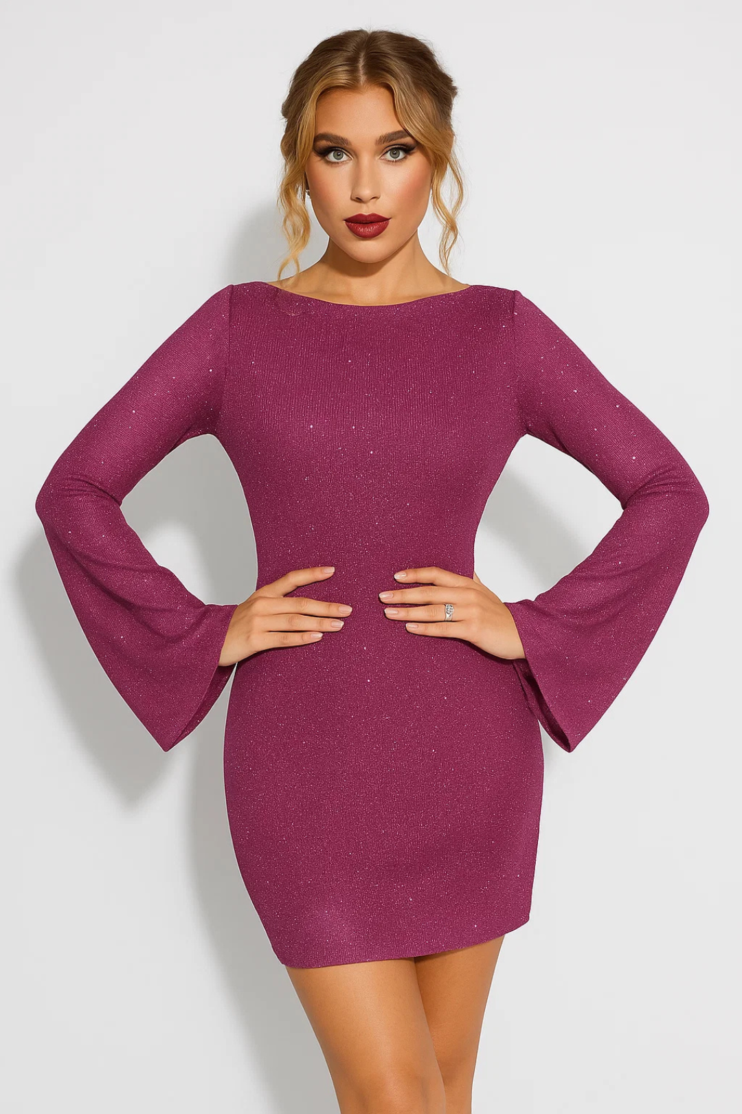 Damska Sukienka Mini | Sukienka Slim Fit Mini | Rozkloszowane Rękawy | Elegancki Styl Wieczorowy
