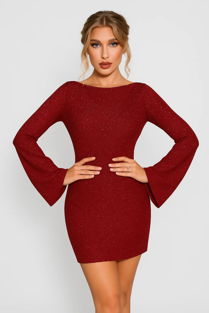 Damska Sukienka Mini | Sukienka Slim Fit Mini | Rozkloszowane Rękawy | Elegancki Styl Wieczorowy
