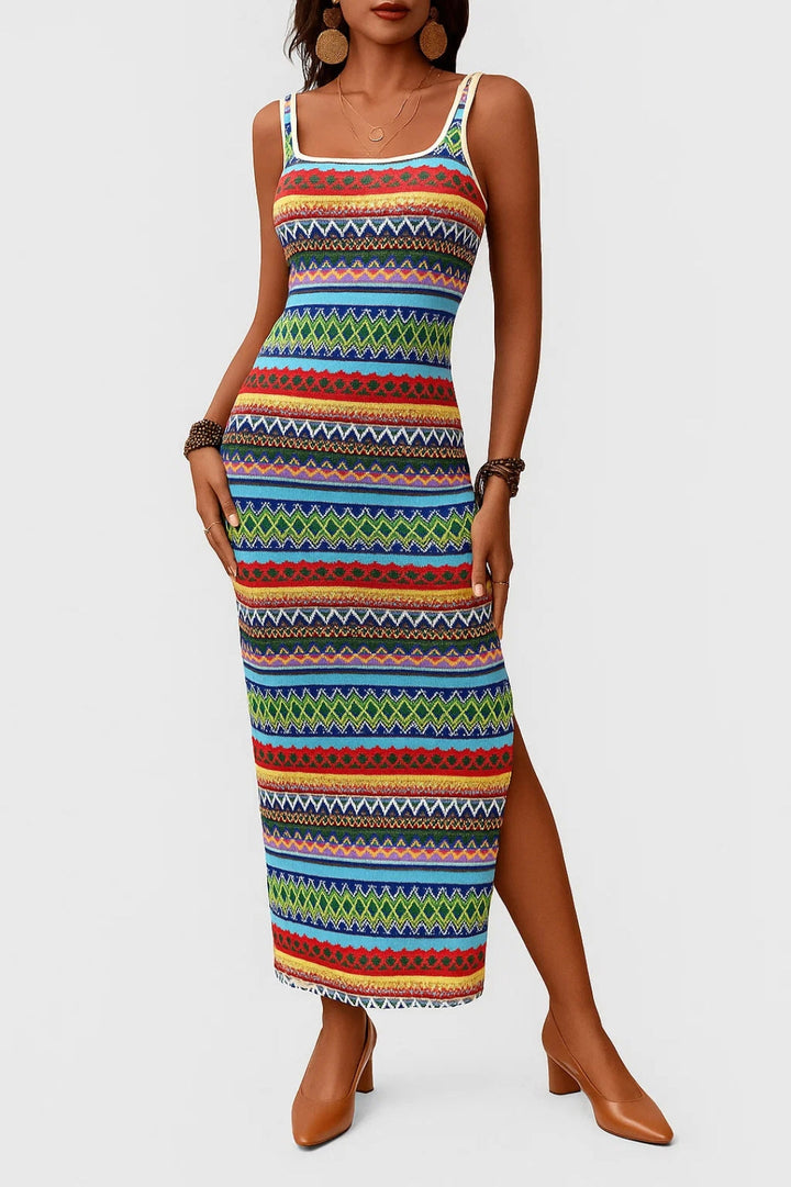 Women's Maxi Dress | Slim Fit Striped Dress | Side Slit and Thin Straps | Summer Casual Style