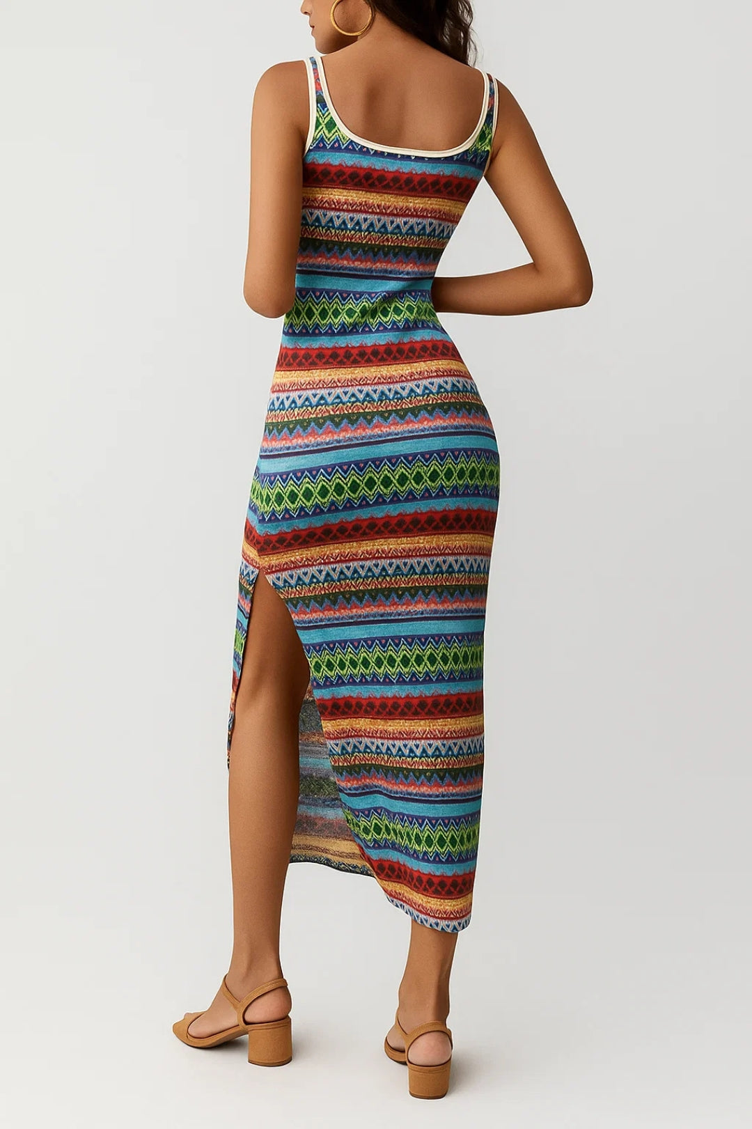 Women's Maxi Dress | Slim Fit Striped Dress | Side Slit and Thin Straps | Summer Casual Style