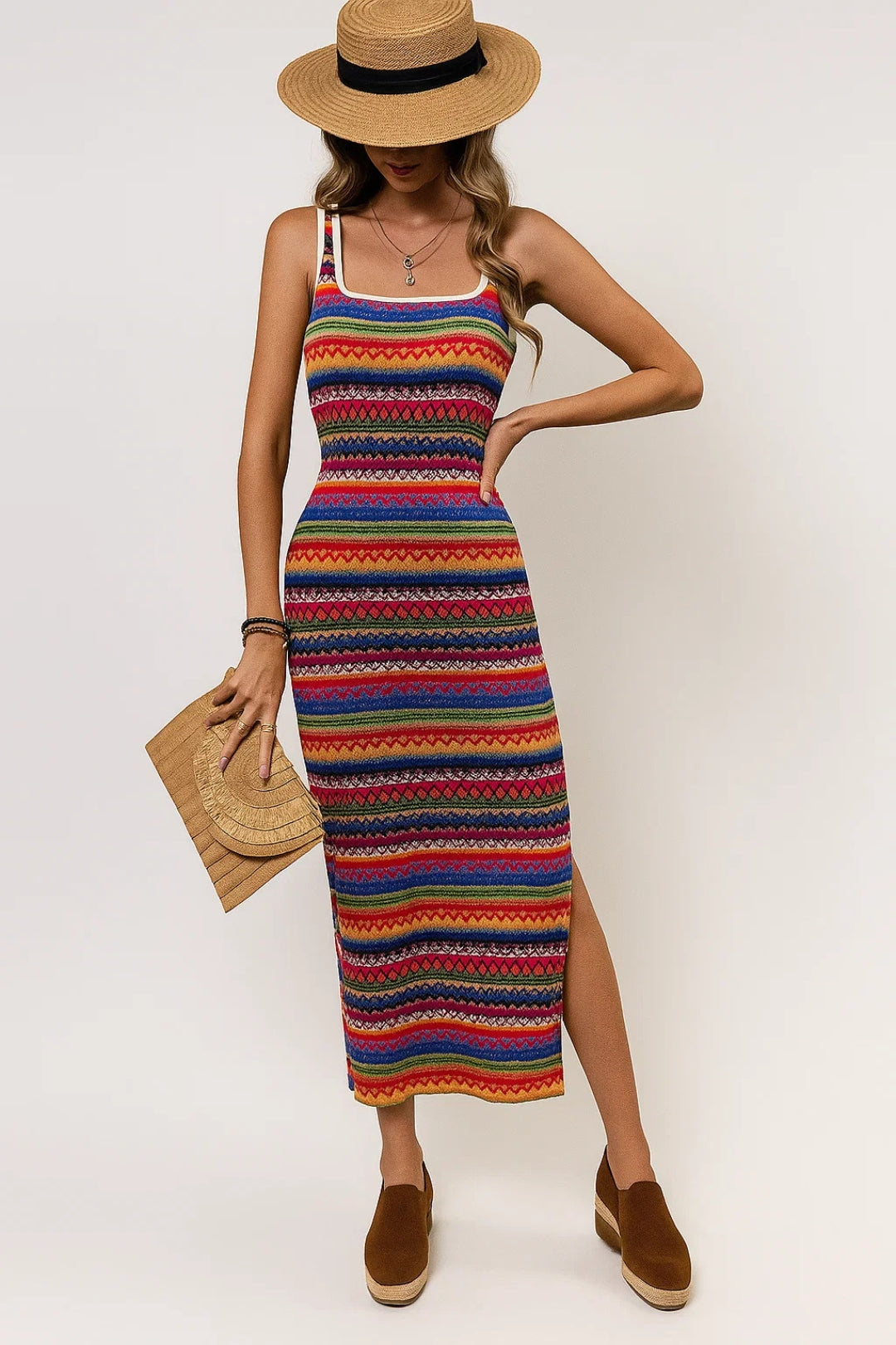 Women's Maxi Dress | Slim Fit Striped Dress | Side Slit and Thin Straps | Summer Casual Style