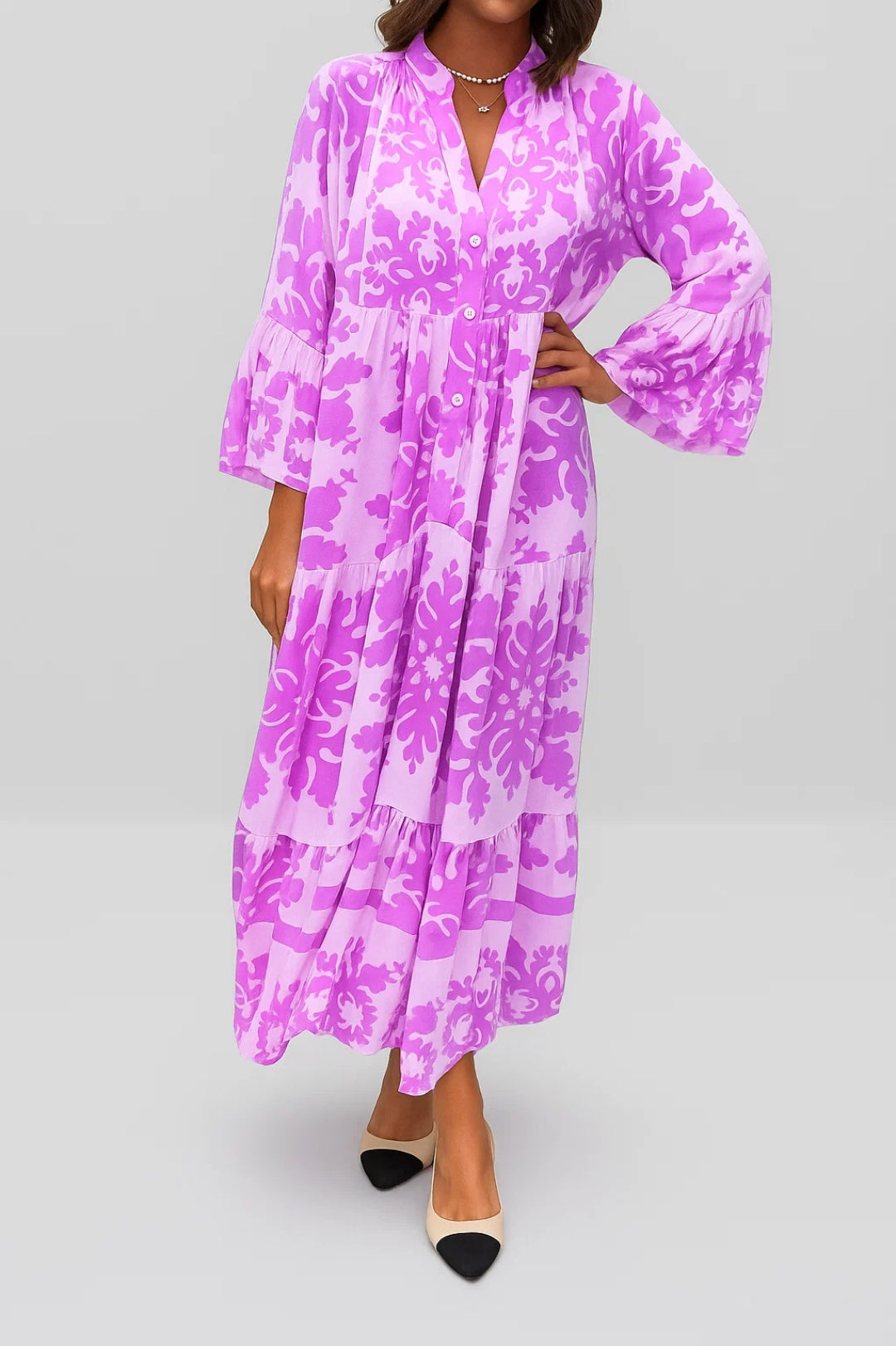 Women's Maxi Dress | Relaxed Fit Maxi Dress | V-Neck and Front Buttons | Elegant Summer Style