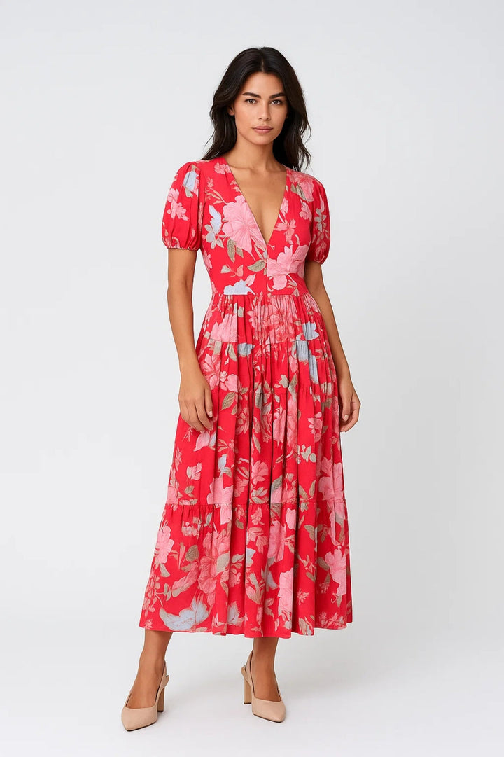 Sukienka Midi Damska | Sukienka Regular Fit w Kwiaty | Dekolt V i Bufiaste Rękawy | Elegancki Styl Letni