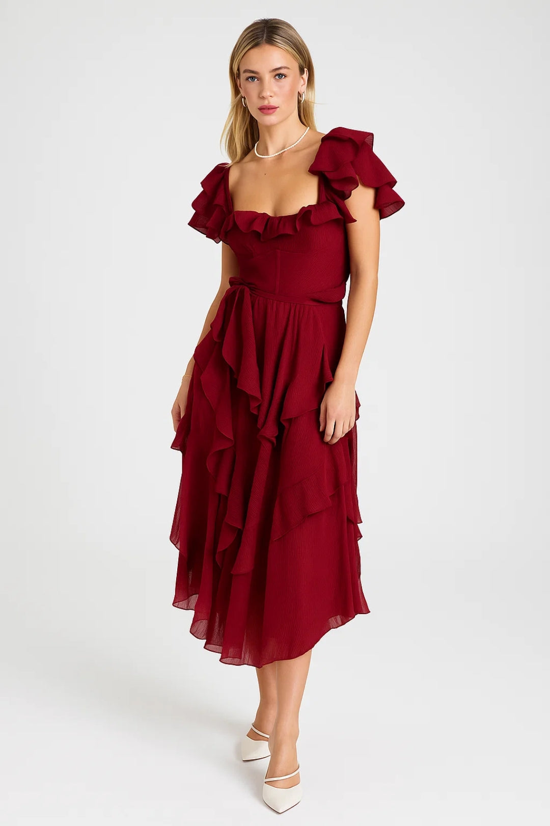 Damska Sukienka Wizytowa | Romantyczna Sukienka Midi | Ozdobne Falbany | Elegancki Letni Styl