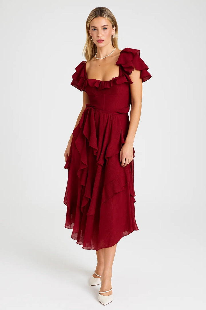 Damska Sukienka Wizytowa | Romantyczna Sukienka Midi | Ozdobne Falbany | Elegancki Letni Styl