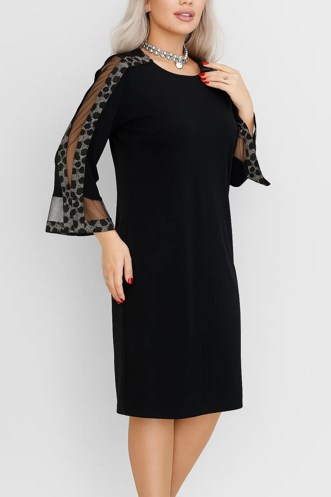 Women's Midi Dress | Regular Fit Midi Dress | Transparent Decorative Sleeves | Elegant Occasion Style