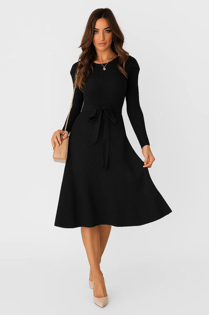Women's Midi Dress | Slim Fit Midi Dress | Long Sleeve and Waist Belt | Timeless Elegant Style