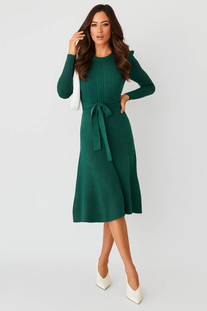 Women's Midi Dress | Slim Fit Midi Dress | Long Sleeve and Waist Belt | Timeless Elegant Style