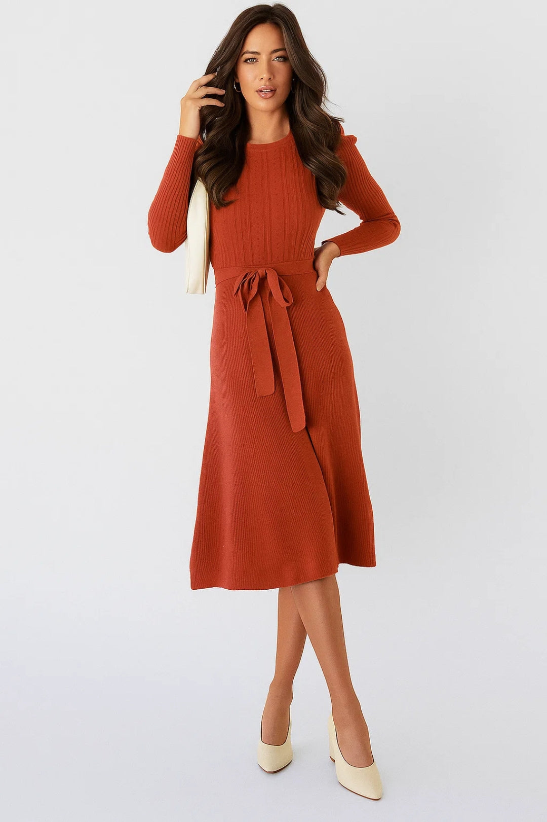 Women's Midi Dress | Slim Fit Midi Dress | Long Sleeve and Waist Belt | Timeless Elegant Style