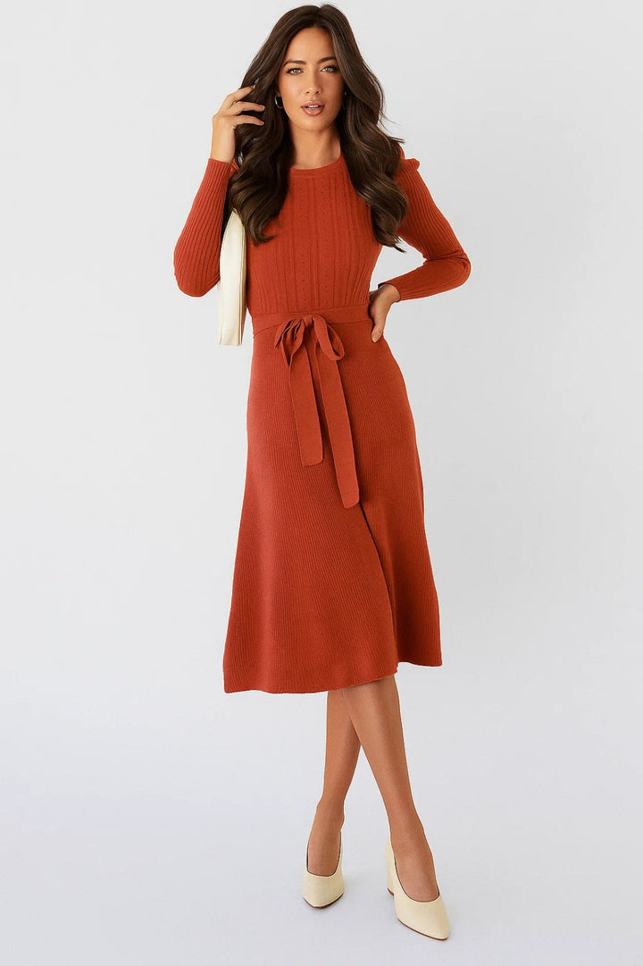 Women's Midi Dress | Slim Fit Midi Dress | Long Sleeve and Waist Belt | Timeless Elegant Style